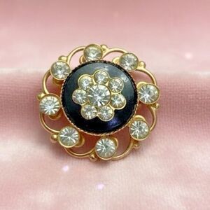 Vintage Gold Tone Rhinestone Brooch – Black Enamel Center – Floral Design – 1”